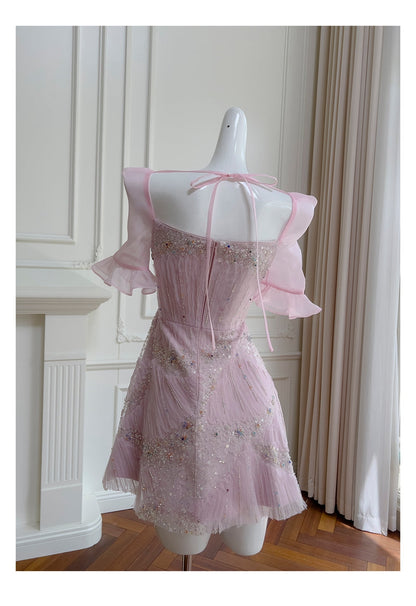 Cute A Line Square Neck Pink Sequin Grad Dress Inspo Short Mini Formal 8th Grade Homecoming Dresses High School Hoco Court Dress Graduation Dress Cocktail Dress 16th Birthday Outfits DH1916