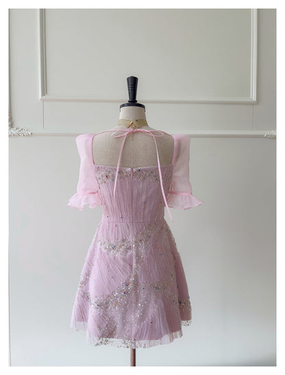 Cute A Line Square Neck Pink Sequin Grad Dress Inspo Short Mini Formal 8th Grade Homecoming Dresses High School Hoco Court Dress Graduation Dress Cocktail Dress 16th Birthday Outfits DH1916