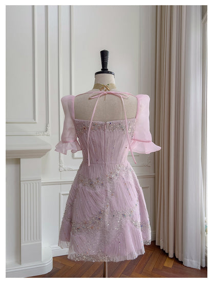 Cute A Line Square Neck Pink Sequin Grad Dress Inspo Short Mini Formal 8th Grade Homecoming Dresses High School Hoco Court Dress Graduation Dress Cocktail Dress 16th Birthday Outfits DH1916