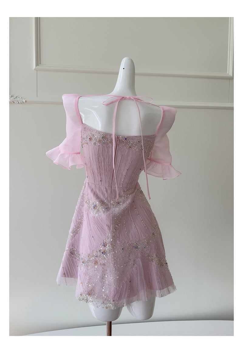 Cute A Line Square Neck Pink Sequin Grad Dress Inspo Short Mini Formal 8th Grade Homecoming Dresses High School Hoco Court Dress Graduation Dress Cocktail Dress 16th Birthday Outfits DH1916