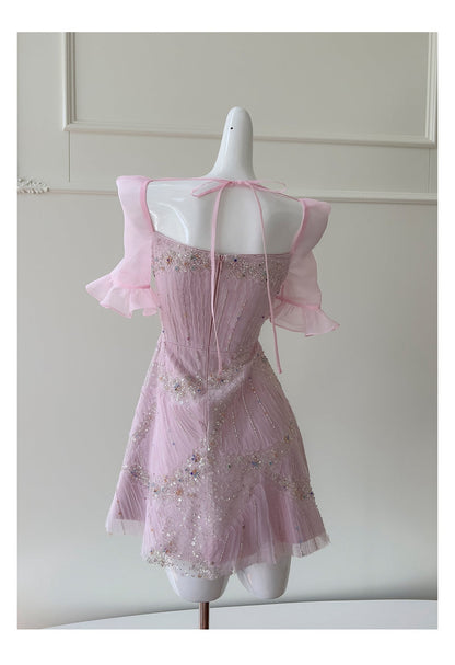 Cute A Line Square Neck Pink Sequin Grad Dress Inspo Short Mini Formal 8th Grade Homecoming Dresses High School Hoco Court Dress Graduation Dress Cocktail Dress 16th Birthday Outfits DH1916