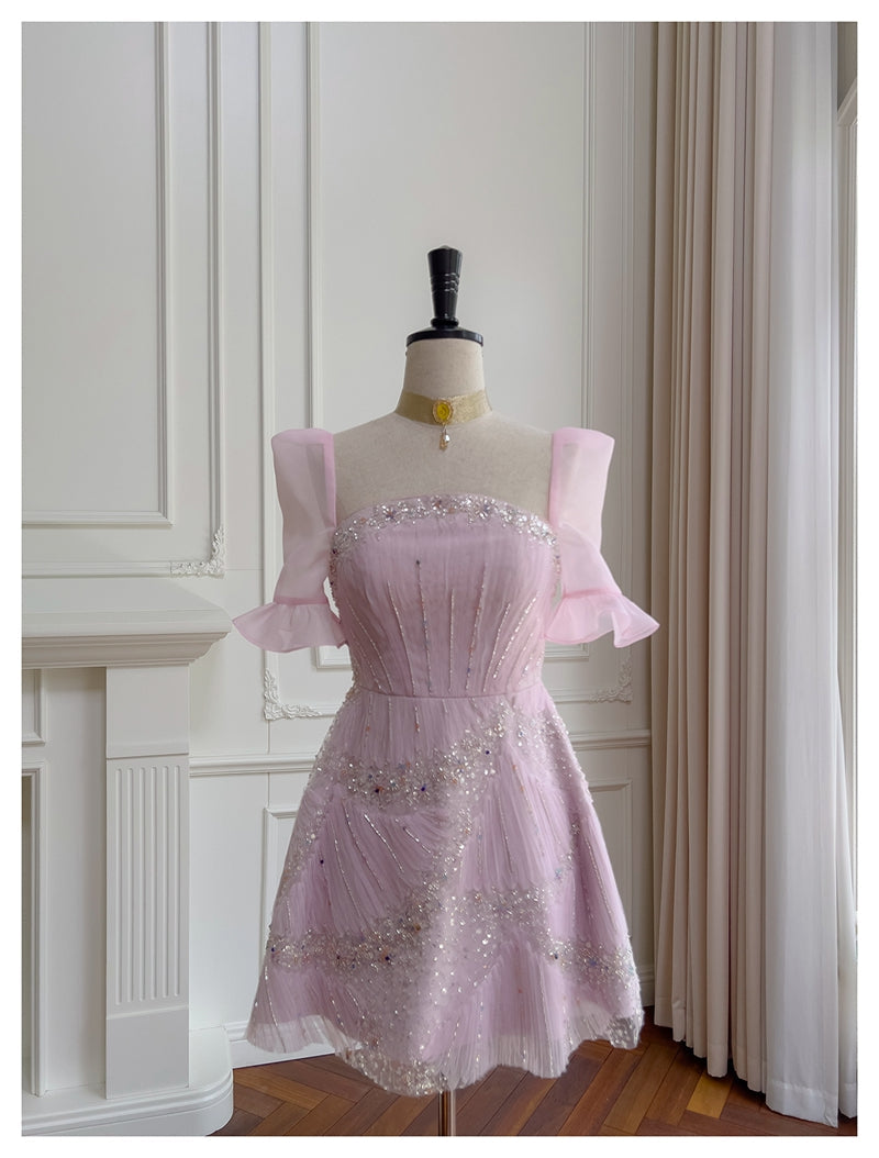 Cute A Line Square Neck Pink Sequin Grad Dress Inspo Short Mini Formal 8th Grade Homecoming Dresses High School Hoco Court Dress Graduation Dress Cocktail Dress 16th Birthday Outfits DH1916