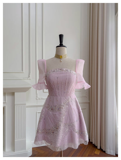 Cute A Line Square Neck Pink Sequin Grad Dress Inspo Short Mini Formal 8th Grade Homecoming Dresses High School Hoco Court Dress Graduation Dress Cocktail Dress 16th Birthday Outfits DH1916