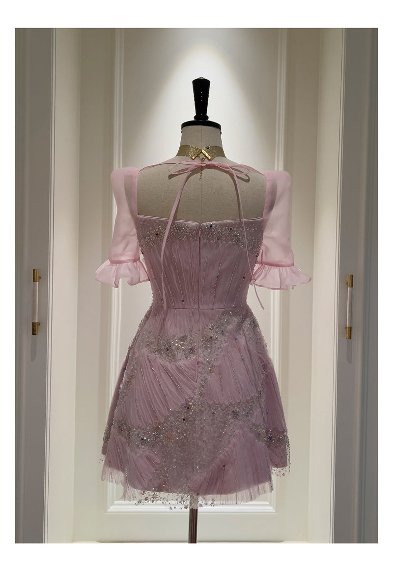 Cute A Line Square Neck Pink Sequin Grad Dress Inspo Short Mini Formal 8th Grade Homecoming Dresses High School Hoco Court Dress Graduation Dress Cocktail Dress 16th Birthday Outfits DH1916