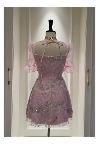 Cute A Line Square Neck Pink Sequin Grad Dress Inspo Short Mini Formal 8th Grade Homecoming Dresses High School Hoco Court Dress Graduation Dress Cocktail Dress 16th Birthday Outfits DH1916