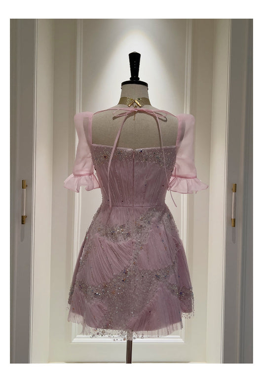 Cute A Line Square Neck Pink Sequin Grad Dress Inspo Short Mini Formal 8th Grade Homecoming Dresses High School Hoco Court Dress Graduation Dress Cocktail Dress 16th Birthday Outfits DH1916
