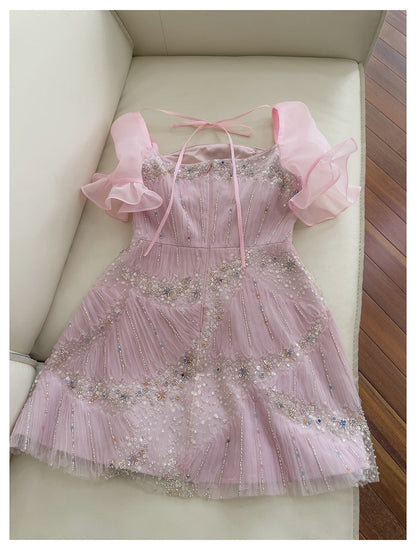 Cute A Line Square Neck Pink Sequin Grad Dress Inspo Short Mini Formal 8th Grade Homecoming Dresses High School Hoco Court Dress Graduation Dress Cocktail Dress 16th Birthday Outfits DH1916