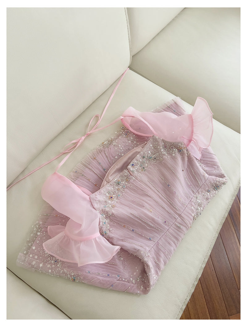 Vestido elegante de graduación con lentejuelas rosas y corte A, inspiración para vestidos de fiesta cortos y mini formales de octavo grado, vestido de fiesta de secundaria, vestido de graduación, vestido de cóctel, atuendos para 16.º cumpleaños DH1917
