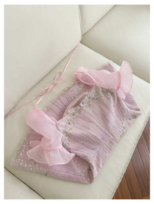 Vestido elegante de graduación con lentejuelas rosas y corte A, inspiración para vestidos de fiesta cortos y mini formales de octavo grado, vestido de fiesta de secundaria, vestido de graduación, vestido de cóctel, atuendos para 16.º cumpleaños DH1917