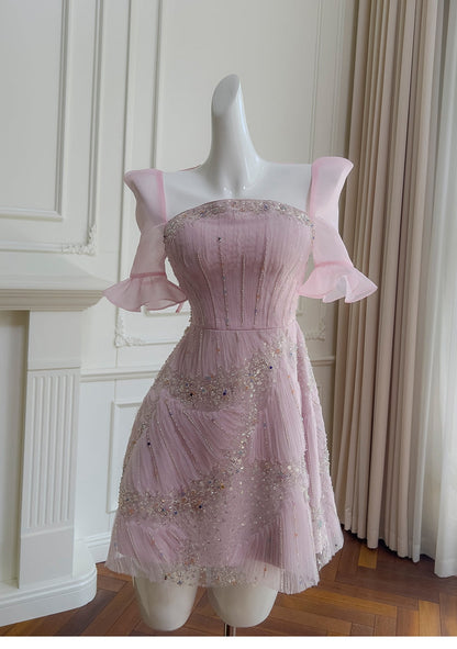 Vestido elegante de graduación con lentejuelas rosas y corte A, inspiración para vestidos de fiesta cortos y mini formales de octavo grado, vestido de fiesta de secundaria, vestido de graduación, vestido de cóctel, atuendos para 16.º cumpleaños DH1917