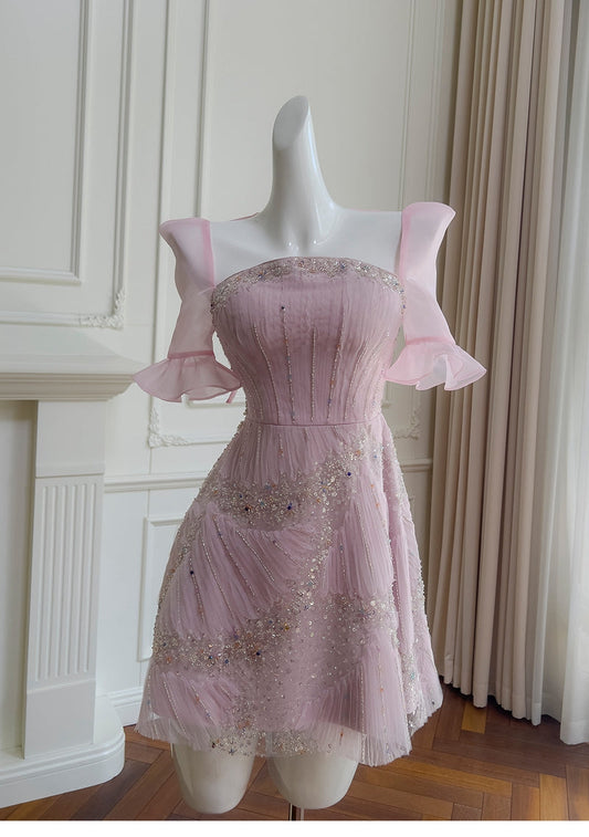 Vestido elegante de graduación con lentejuelas rosas y corte A, inspiración para vestidos de fiesta cortos y mini formales de octavo grado, vestido de fiesta de secundaria, vestido de graduación, vestido de cóctel, atuendos para 16.º cumpleaños DH1917