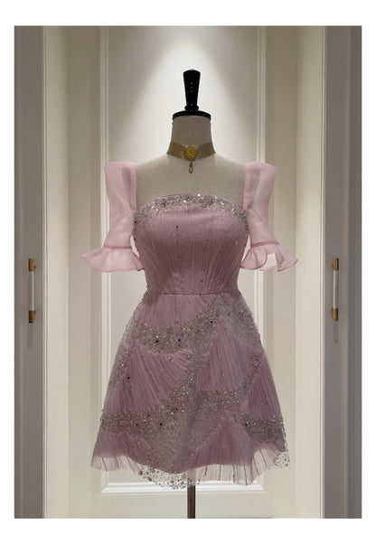 Vestido elegante de graduación con lentejuelas rosas y corte A, inspiración para vestidos de fiesta cortos y mini formales de octavo grado, vestido de fiesta de secundaria, vestido de graduación, vestido de cóctel, atuendos para 16.º cumpleaños DH1917
