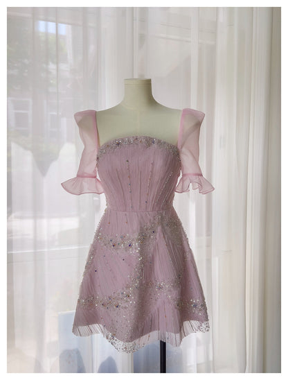Vestido elegante de graduación con lentejuelas rosas y corte A, inspiración para vestidos de fiesta cortos y mini formales de octavo grado, vestido de fiesta de secundaria, vestido de graduación, vestido de cóctel, atuendos para 16.º cumpleaños DH1917