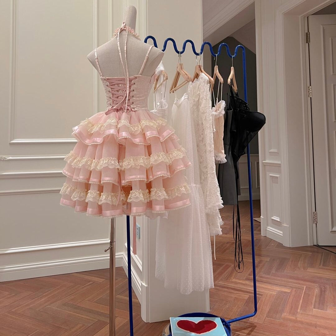 Modest Ball Gown Spaghetti Straps Pink Lace Grad Dress Inspo Short Mini Formal 8th Grade Homecoming Dresses High School Hoco Court Dress Graduation Dress Cocktail Gown Birthday Outfits DH1935