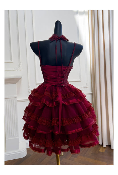 Modest Ball Gown Spaghetti Straps Burgundy Lace Grad Dress Inspo Short Mini Formal 8th Grade Homecoming Dresses High School Hoco Court Dress Graduation Dress Cocktail Gown Birthday Outfits DH1938