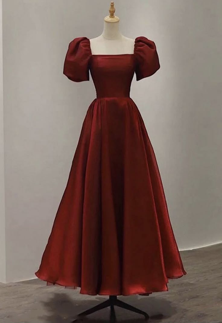 Vestidos de fiesta formales de verano para octavo grado, corte A, escote cuadrado, mangas cortas, color burdeos, DH196