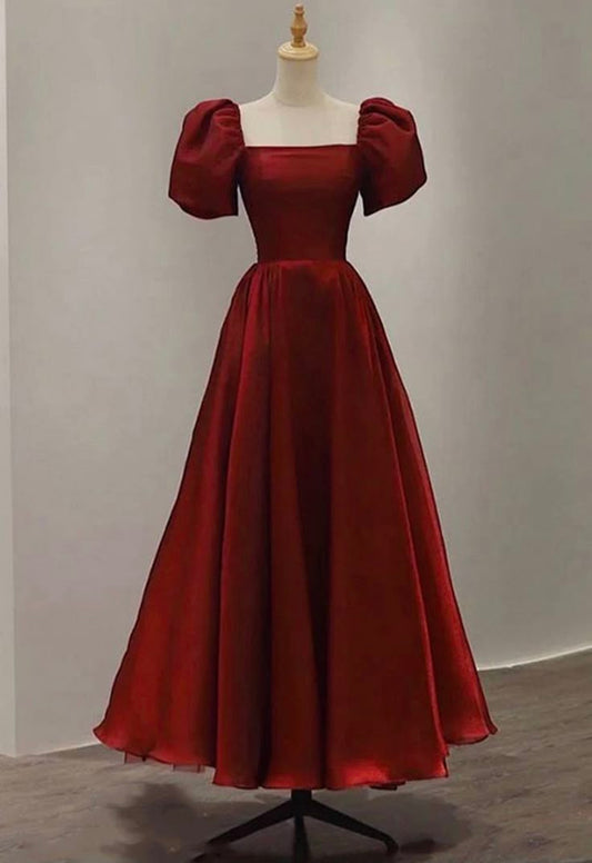 Vestidos de fiesta formales de verano para octavo grado, corte A, escote cuadrado, mangas cortas, color burdeos, DH196