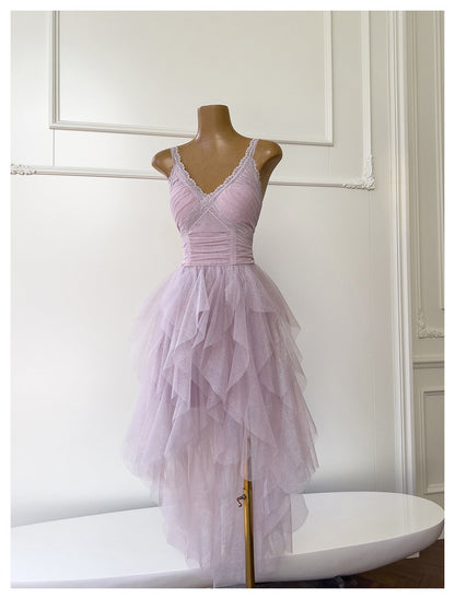 Vestido corto de cóctel para escuela secundaria, con tirantes finos, tul rosa, capas, corte A, para fiesta de 8.º grado, DH1991