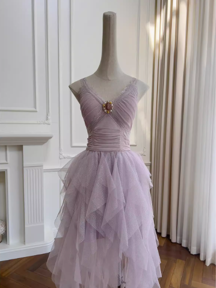Vestido corto de cóctel para escuela secundaria, con tirantes finos, tul rosa, capas, corte A, para fiesta de 8.º grado, DH1991