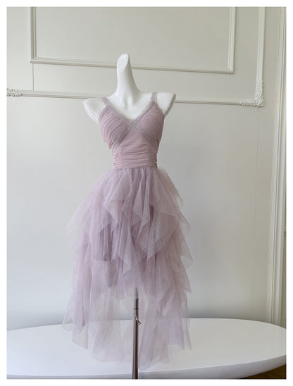 Vestido corto de cóctel para escuela secundaria, con tirantes finos, tul rosa, capas, corte A, para fiesta de 8.º grado, DH1991