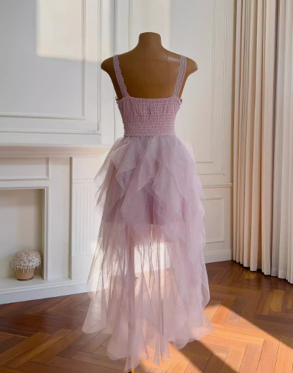 Vestido corto de cóctel para escuela secundaria, con tirantes finos, tul rosa, capas, corte A, para fiesta de 8.º grado, DH1991