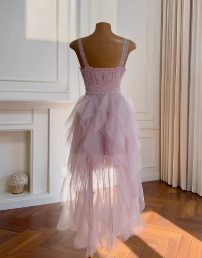 Vestido corto de cóctel para escuela secundaria, con tirantes finos, tul rosa, capas, corte A, para fiesta de 8.º grado, DH1991