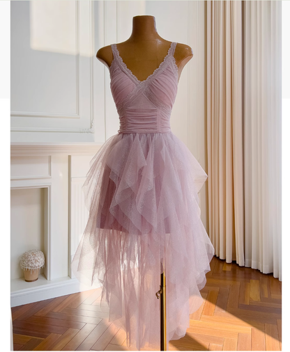 Vestido corto de cóctel para escuela secundaria, con tirantes finos, tul rosa, capas, corte A, para fiesta de 8.º grado, DH1991