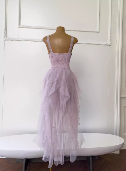 Vestido corto de cóctel para escuela secundaria, con tirantes finos, tul rosa, capas, corte A, para fiesta de 8.º grado, DH1991