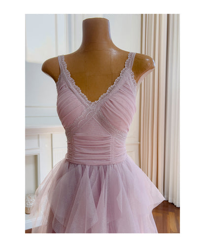 Vestido corto de cóctel para escuela secundaria, con tirantes finos, tul rosa, capas, corte A, para fiesta de 8.º grado, DH1991
