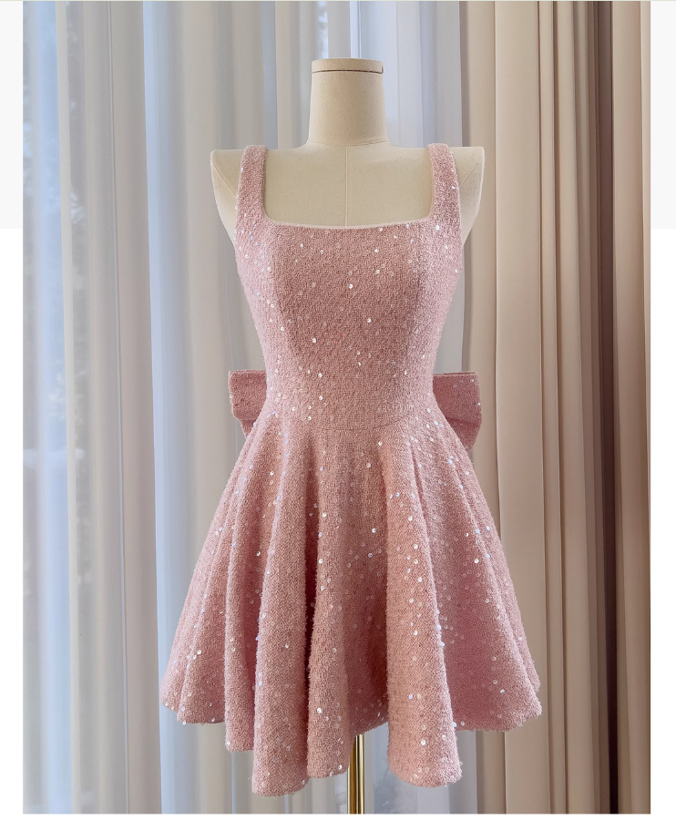 Vestido de cóctel corto rosa, corte A, cuadrado, para octavo grado, formal, de graduación, para escuela secundaria, Hoco Outfits DH1994