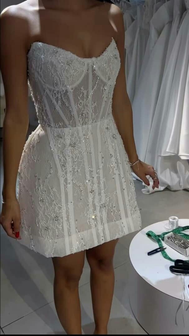 Vestido de novia modesto de corte A con escote corazón, de verano, corto, de encaje, para novia, DH20