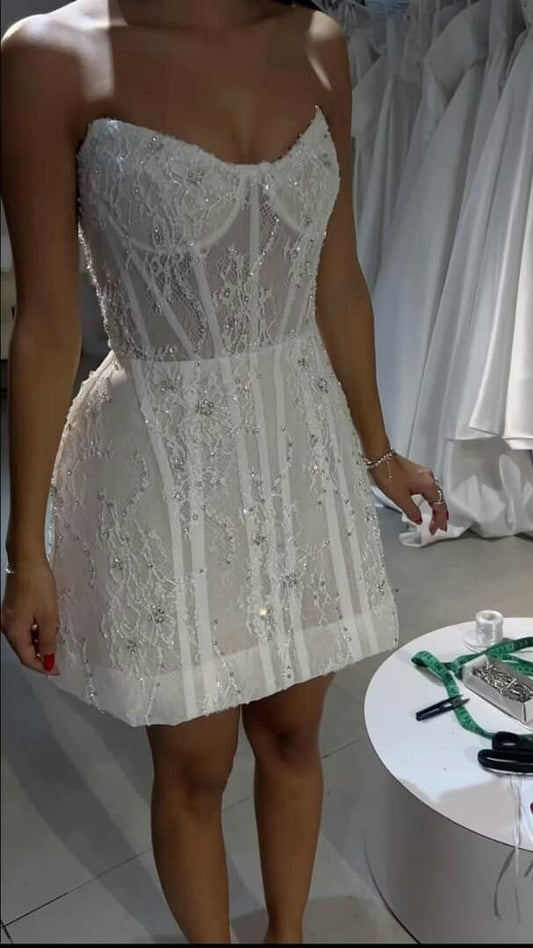 Vestido de novia modesto de corte A con escote corazón, de verano, corto, de encaje, para novia, DH20