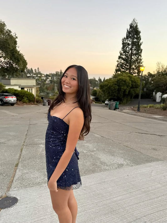 Modest Sheath Spaghetti Straps Navy Blue Sequin Short Mini Formal 8th Grade Homecoming Dresses Middle School Short Cocktail Gowns Graduation Dress Hoco Outfits DH2020