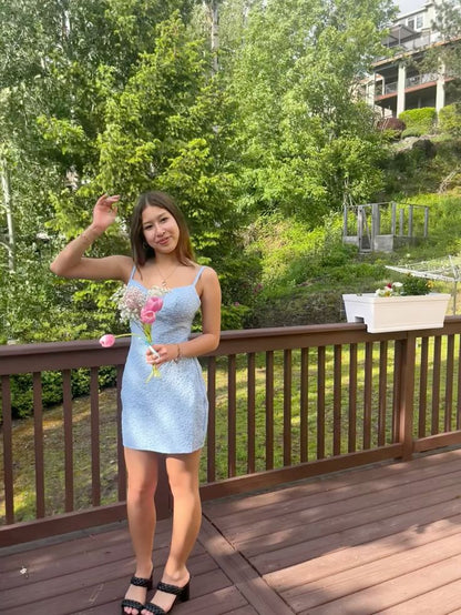 Modest Sheath Spaghetti Straps Light Sky Blue Sequin Short Mini Formal 8th Grade Homecoming Dresses Middle School Short Cocktail Gowns Graduation Dress Hoco Outfits DH2027