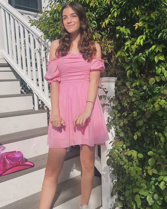 Lindos vestidos de fiesta de gasa rosa con hombros descubiertos para octavo grado, vestidos de cóctel cortos para secundaria, vestidos de graduación, trajes Hoco DH2029