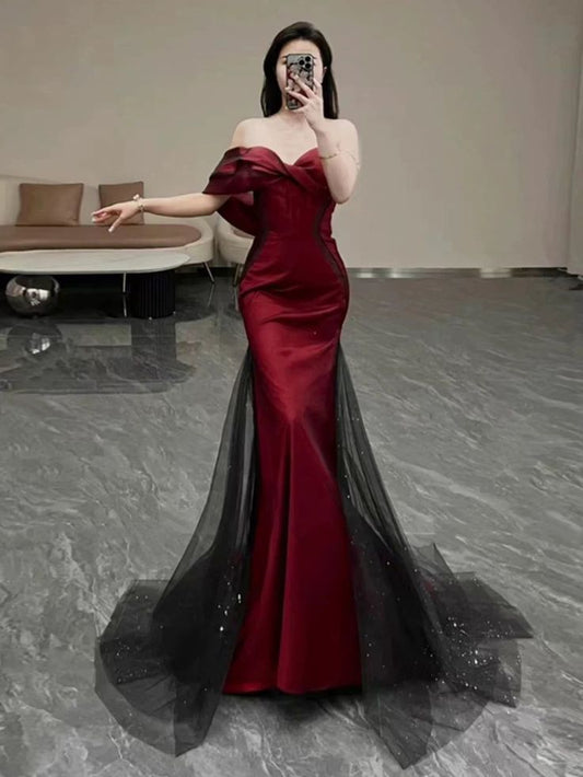 Vestido de noche largo burdeos de manga corta con hombros descubiertos y corte sirena, ideal para fiestas, formales o de noche, DH202