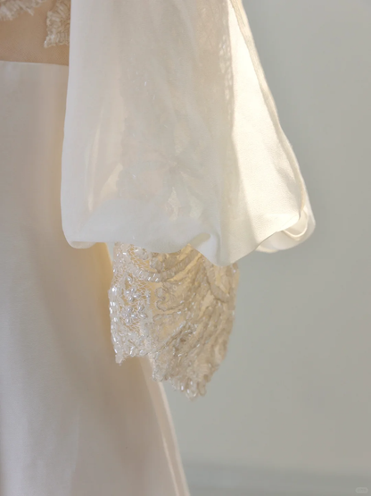 Vestido de novia romántico, corte A, escote cuadrado, satén, color marfil, modesto, DH2038