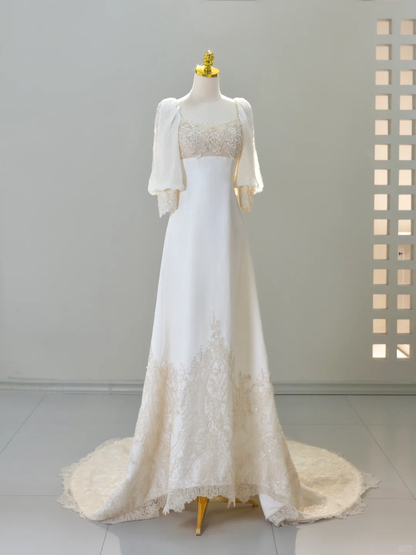 Vestido de novia romántico, corte A, escote cuadrado, satén, color marfil, modesto, DH2038