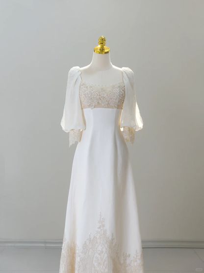 Vestido de novia romántico, corte A, escote cuadrado, satén, color marfil, modesto, DH2038