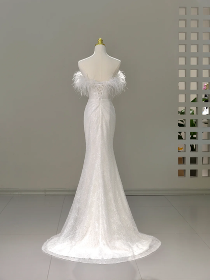 Vestido de novia princesa estilo sirena con hombros descubiertos y plumas blancas de lentejuelas, vestidos de novia modestos DH2039
