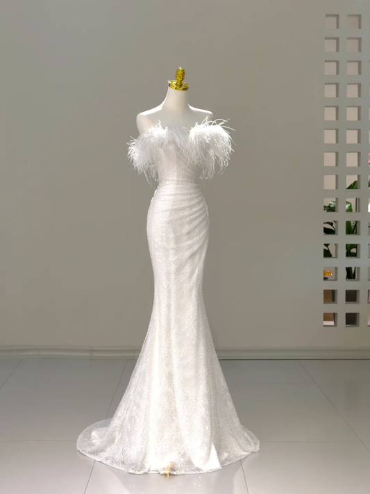 Vestido de novia princesa estilo sirena con hombros descubiertos y plumas blancas de lentejuelas, vestidos de novia modestos DH2039