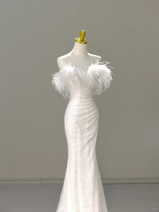 Vestido de novia princesa estilo sirena con hombros descubiertos y plumas blancas de lentejuelas, vestidos de novia modestos DH2039