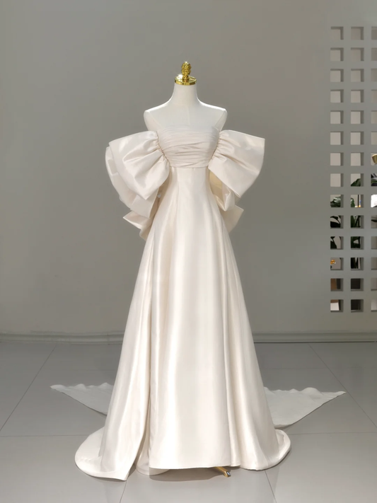 Vestido de novia princesa, corte A, hombros descubiertos, color marfil, satén, largo, sencillo, DH2043