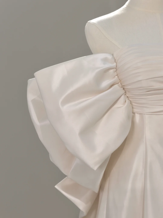 Vestido de novia princesa, corte A, hombros descubiertos, color marfil, satén, largo, sencillo, DH2043