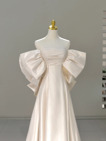 Vestido de novia princesa, corte A, hombros descubiertos, color marfil, satén, largo, sencillo, DH2043