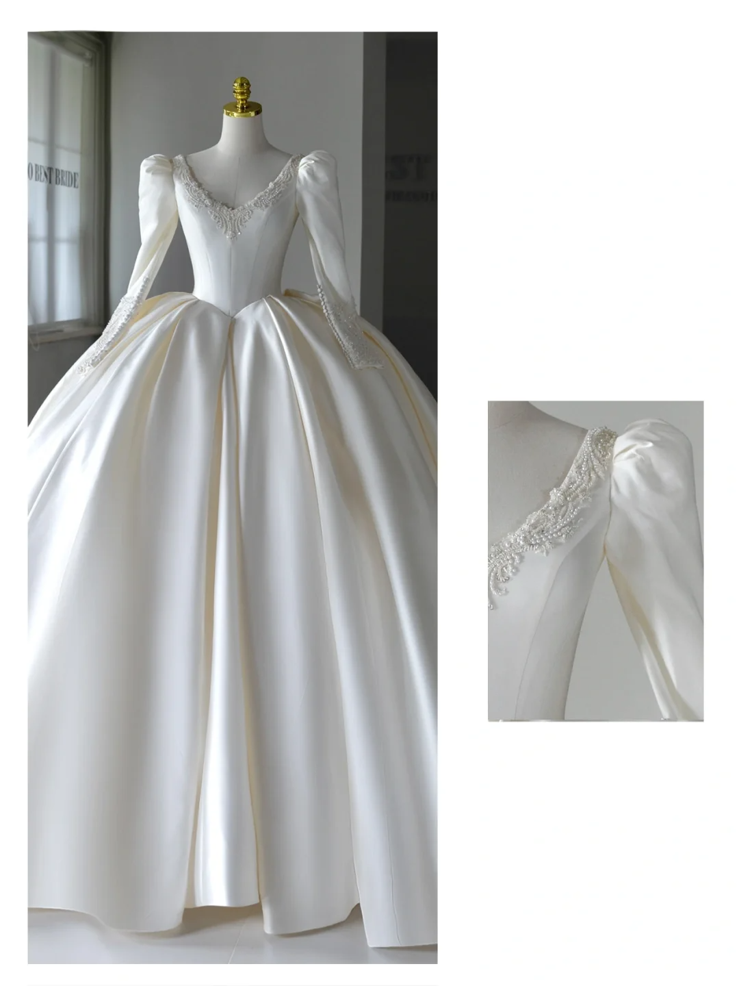 Vestido de novia princesa, vestido de baile, escote en V, color marfil, de satén, con flores, vestidos de novia modestos, DH2045