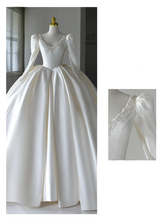 Vestido de novia princesa, vestido de baile, escote en V, color marfil, de satén, con flores, vestidos de novia modestos, DH2045