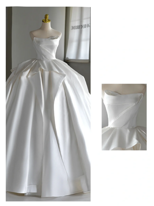 Vestido de novia princesa, vestido de baile, sin tirantes, de satén blanco, con flores, vestidos de novia modestos, D2045