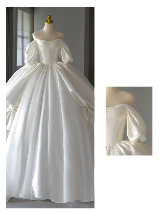 Vestido de novia etéreo, vestido de fiesta, hombros descubiertos, satén blanco, mangas cortas, vestidos de novia largos.