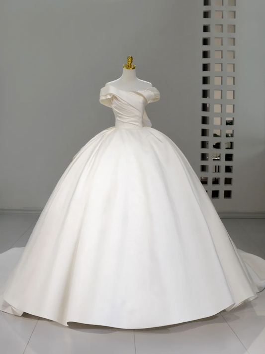 Vestido de novia princesa, vestido de baile, hombros descubiertos, color marfil, de satén, con pliegues, DH2047